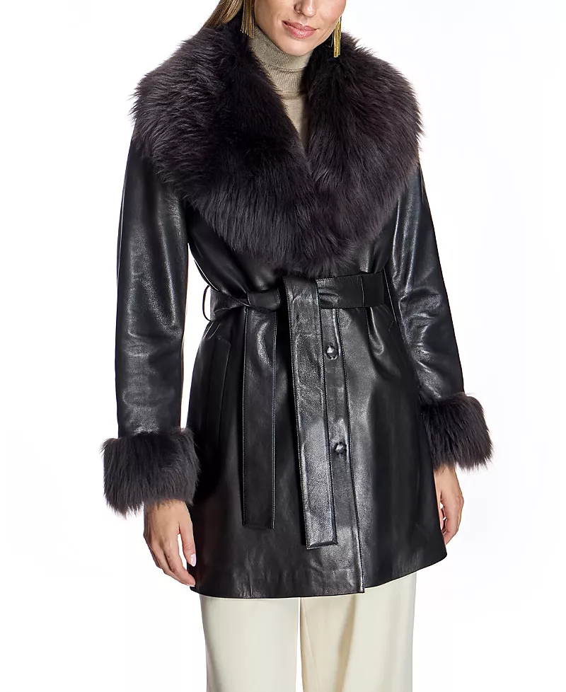 Maximilian Belted Leather Coat with Shearling Collar