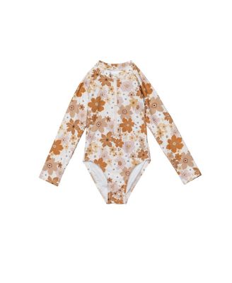 Girls' Nostalgic Bloom Long Sleeve Zip Front One Piece Swimsuit - Little Kid, Big Kid