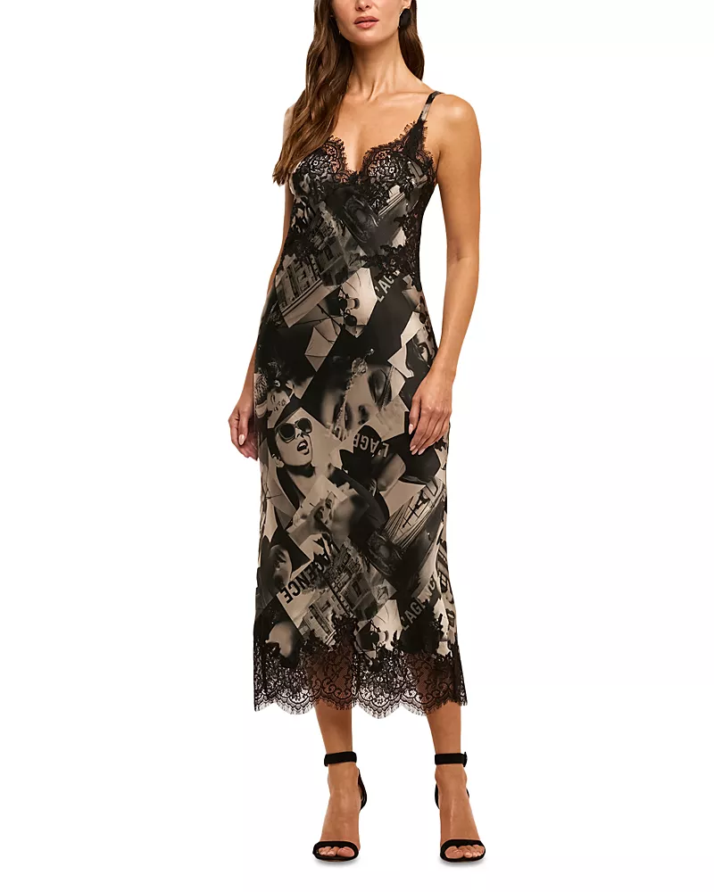 L'Agence Victoire Printed Silk Lace Trim Slip Dress