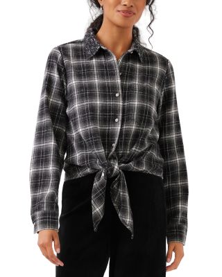 Plaid Tie Front Embellished Collar Shirt