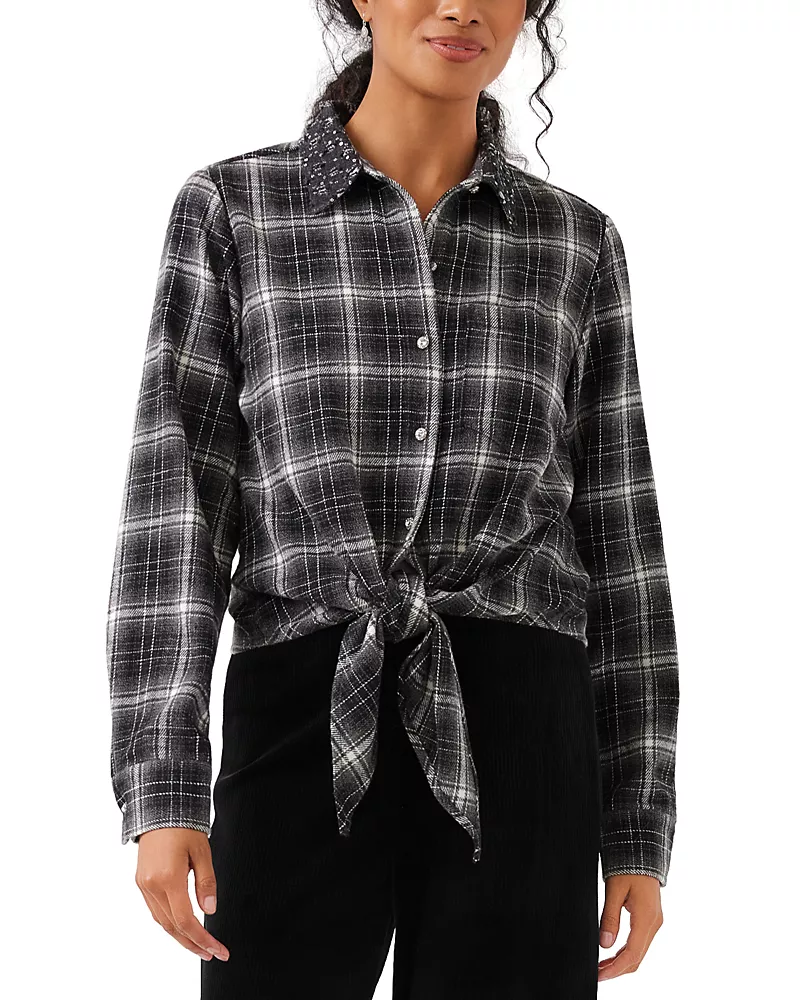 Karen Kane Plaid Tie Front Embellished Collar Shirt