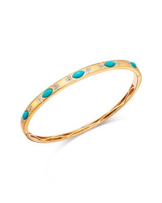 Diamond & Turquoise Bangle Bracelet in 14K Yellow Gold, 0.48 tcw