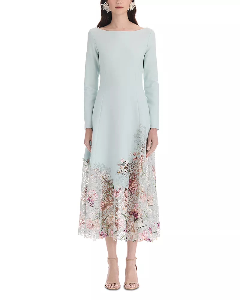 Oscar de la Renta Iris Wool Blend Lace Trim Dress