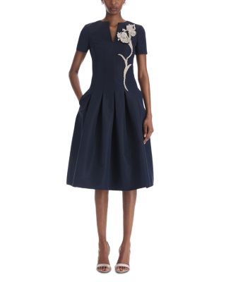Oscar de la Renta Silk Embroidered Faille Short Sleeve Dress