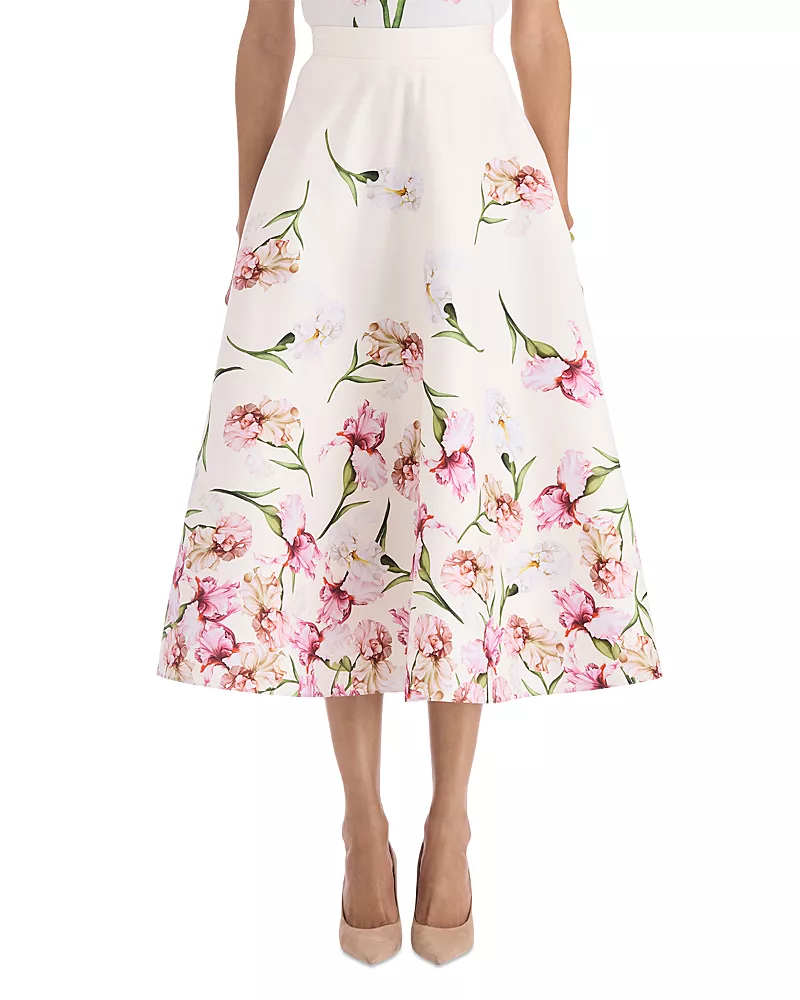 Oscar de la Renta Painted Iris Cotton Stretch A Line Skirt