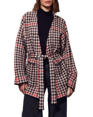 Houndstooth Jacquard Tie Belt Cardigan