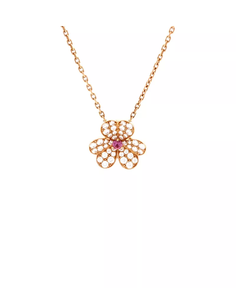 Pre-Owned Van Cleef & Arpels Small Frivole Pendant Necklace 18K Rose Gold with Pink Sapphire and Pave Diamonds, 16.5