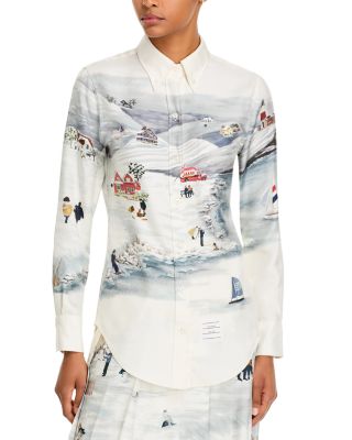Winter Scenic Silk Twill Long Sleeve Button Down Shirt