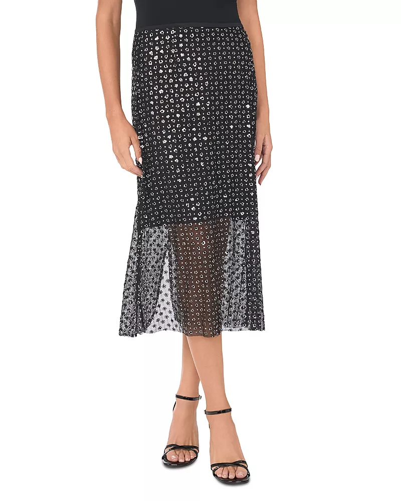 CeCe Floral Sequin Mesh Midi Skirt