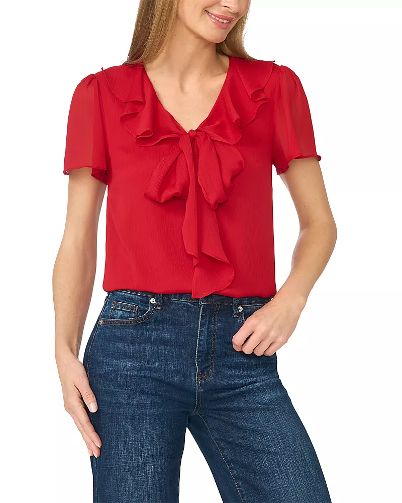 CeCe Ruffle Tie V Neck Blouse