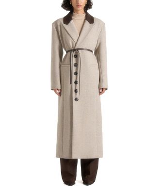Anissa Herringbone Wool Oversized Coat with Faux Leather Belt