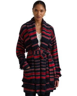 Striped Fringed Shawl Collar Cardigan