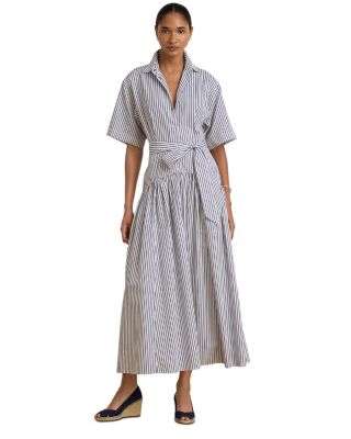 Striped Belted Cotton Broadcloth Shirtdress
