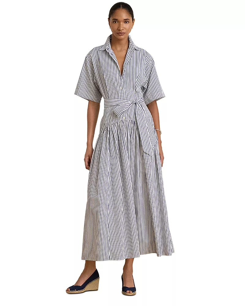 Lauren Ralph Lauren Striped Belted Cotton Broadcloth Shirtdress