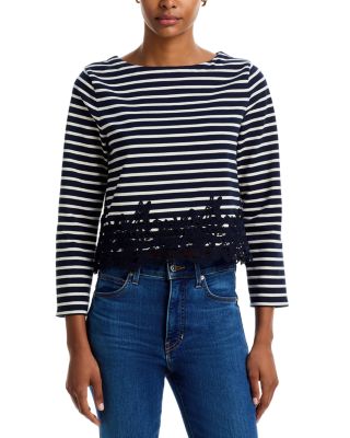 Hovey Hovey Striped Lace Trim Top Lace Cotton Top