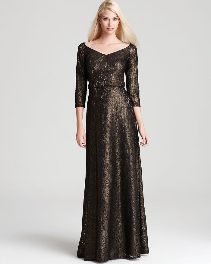 David Meister Lace Gown - V Neck 3/4 Sleeve Metallic | Bloomingdale's