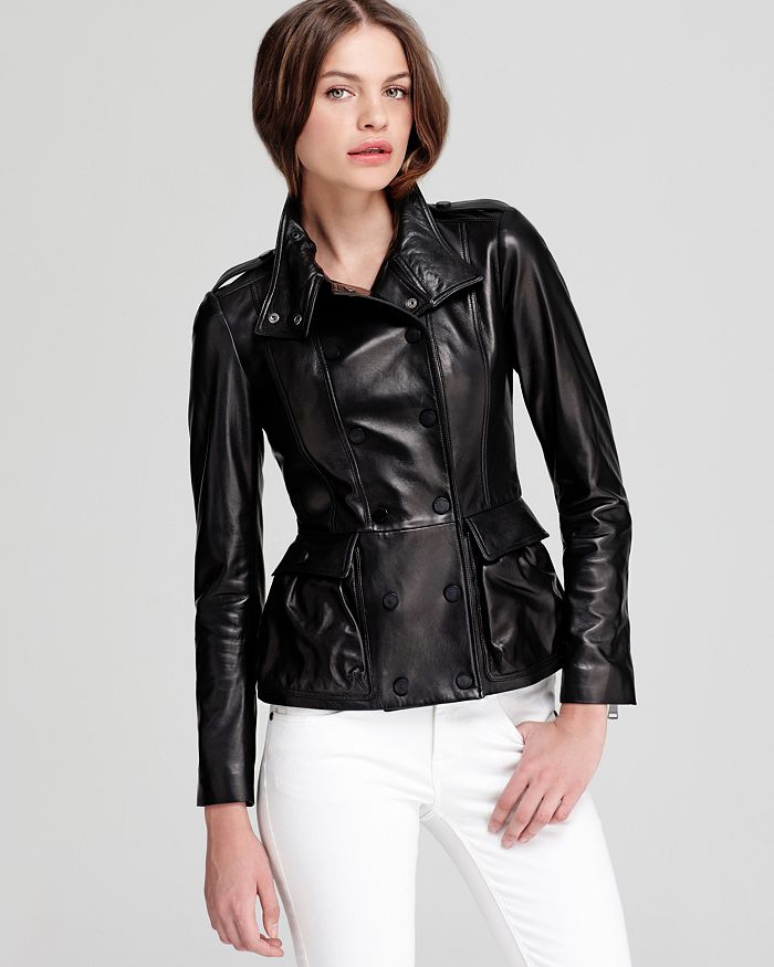 Burberry Jacket Double Breasted Black Leather with Front Pockets Bloomingdale s