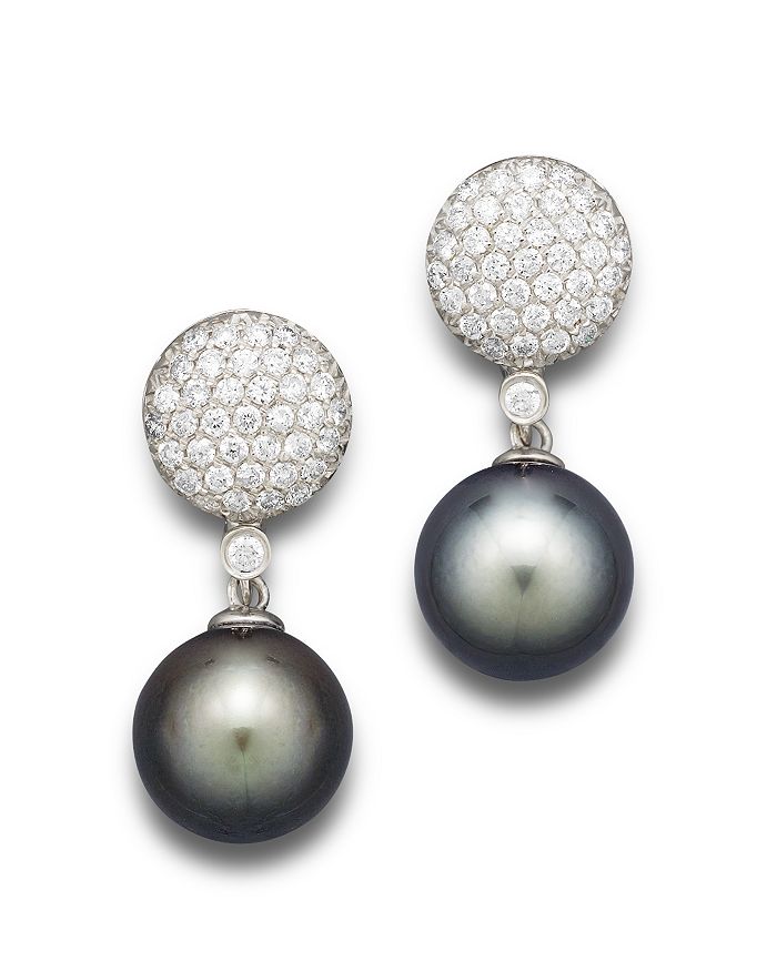 Bloomingdale's Cultured Tahitian Pearl And Diamond Drop Earrings In 14k White Gold, 11mm In Black