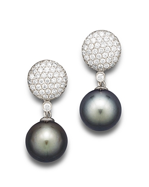 Cultured Tahitian Pearl and Diamond Drop Earrings in 14K White Gold, 11mm