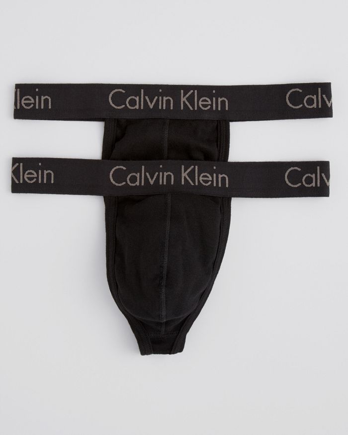 Calvin Klein 2 pack thongs with logo waistband in black