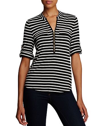 Calvin Klein Striped Zip Front Roll Sleeve Knit Blouse | Bloomingdale's