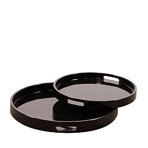 Howard Elliott Lacquer Round Wood Tray Set In Glossy Black