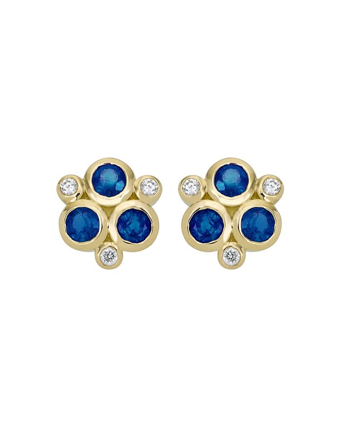 Shop Temple St Clair 18k Yellow Gold Classic Triple Stone Earrings With Blue Sapphires And Diamonds In Blue/gold