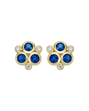 18K Yellow Gold Classic Triple Stone Earrings with Blue Sapphires and Diamonds