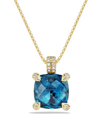 David Yurman - Ch&acirc;telaine Pendant Necklace with Hampton Blue Topaz and Diamonds in 18K Gold