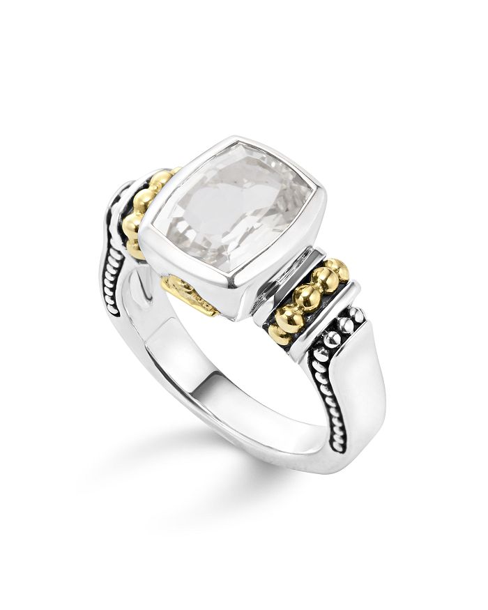LAGOS 18K GOLD AND STERLING SILVER CAVIAR COLOR SMALL RING WITH WHITE TOPAZ,02-80561-F7