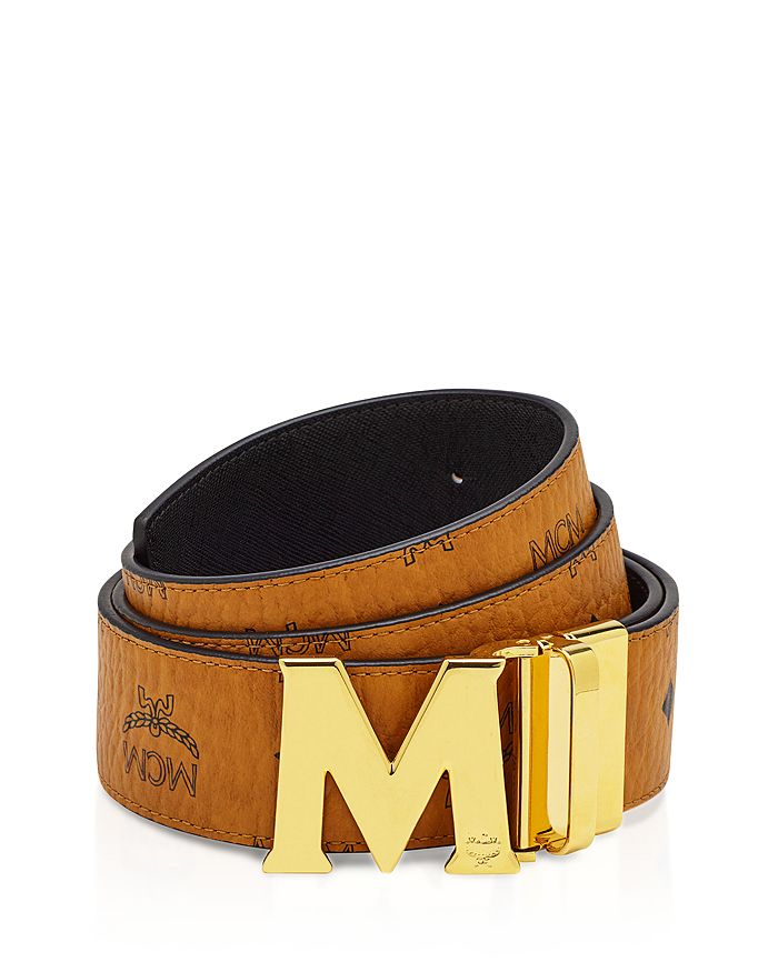 Mcm Claus M Reversible Belt In Black Logo Visetos In Cognac