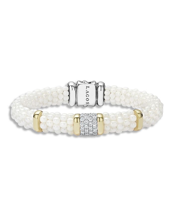 LAGOS WHITE CAVIAR CERAMIC 18K GOLD AND STERLING SILVER SQUARE STATION BRACELET WITH DIAMONDS,05-81135-CWS