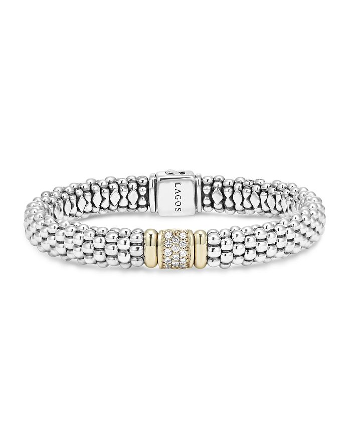 Shop Lagos 18k Yellow Gold And Sterling Silver Caviar Rope Bracelet With Diamonds In Multi/silver