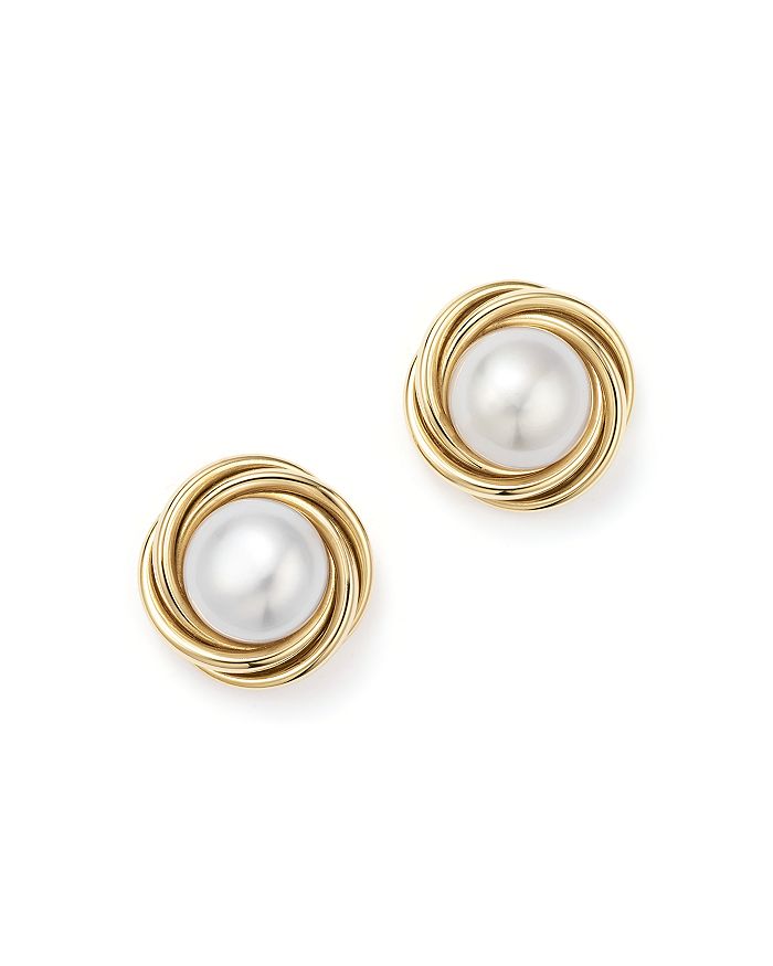 Bloomingdale's 14k Yellow Gold Knot Stud Earrings With Cultured Freshwater Pearls