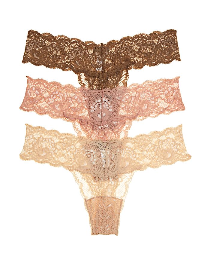 Shop Cosabella Never Say Never Cutie Low-rise Thongs, Set Of 3 In Caramello/mandorla/pinolo
