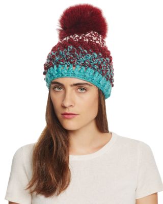 Fox Fur Pom-Pom Multicolored Knit Hat