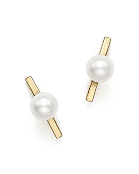 Zoë Chicco - 14K Yellow Gold Curved Bar Earrings with Cultured Freshwater Pearls