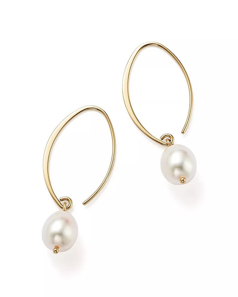 Simple Sweep Earrings with Cultured Freshwater Pearl Drops in 14K Yellow Gold, 8mm