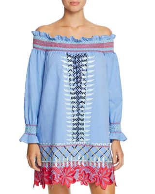 Red Carter Monroe Embroidered Chambray Off-the-Shoulder Dress Swim Cover-Up  | Bloomingdale's Women
