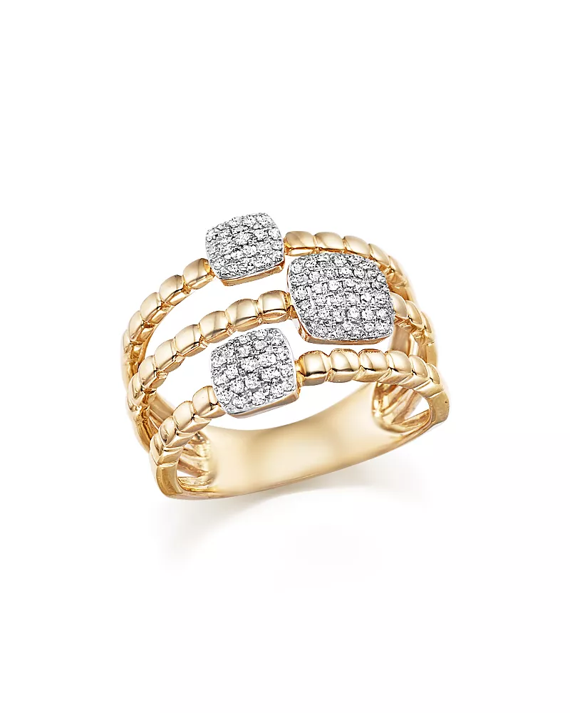 Diamond Pave Triple Row Beaded Band in 14K Yellow Gold, 0.25 tcw