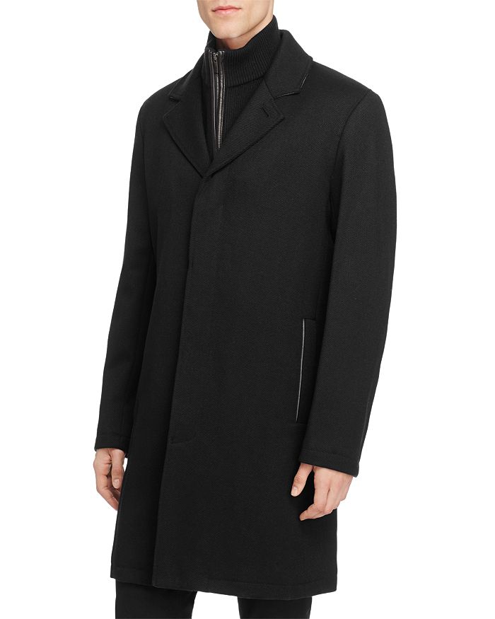 Cole Haan Sweater Bib Wool Blend Twill Coat In Black