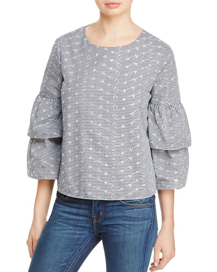 AQUA - Embroidered Gingham Tiered Sleeve Top&nbsp;- 100% Exclusive