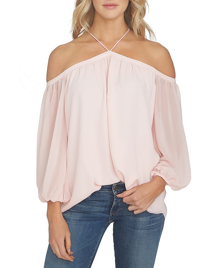 1.state Off The Shoulder Sheer Chiffon Blouse In Pink Taffeta