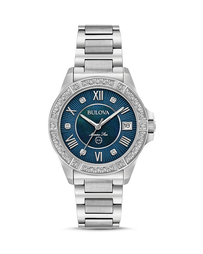 Bulova Women's Diamond Accent Marine Star Stainless Steel Bracelet Watch 32mm 96r215 In Blue/silver