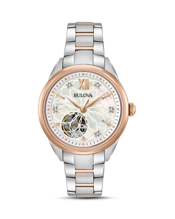 Bulova Two-tone Automatic Watch, 34.5mm In White/rose