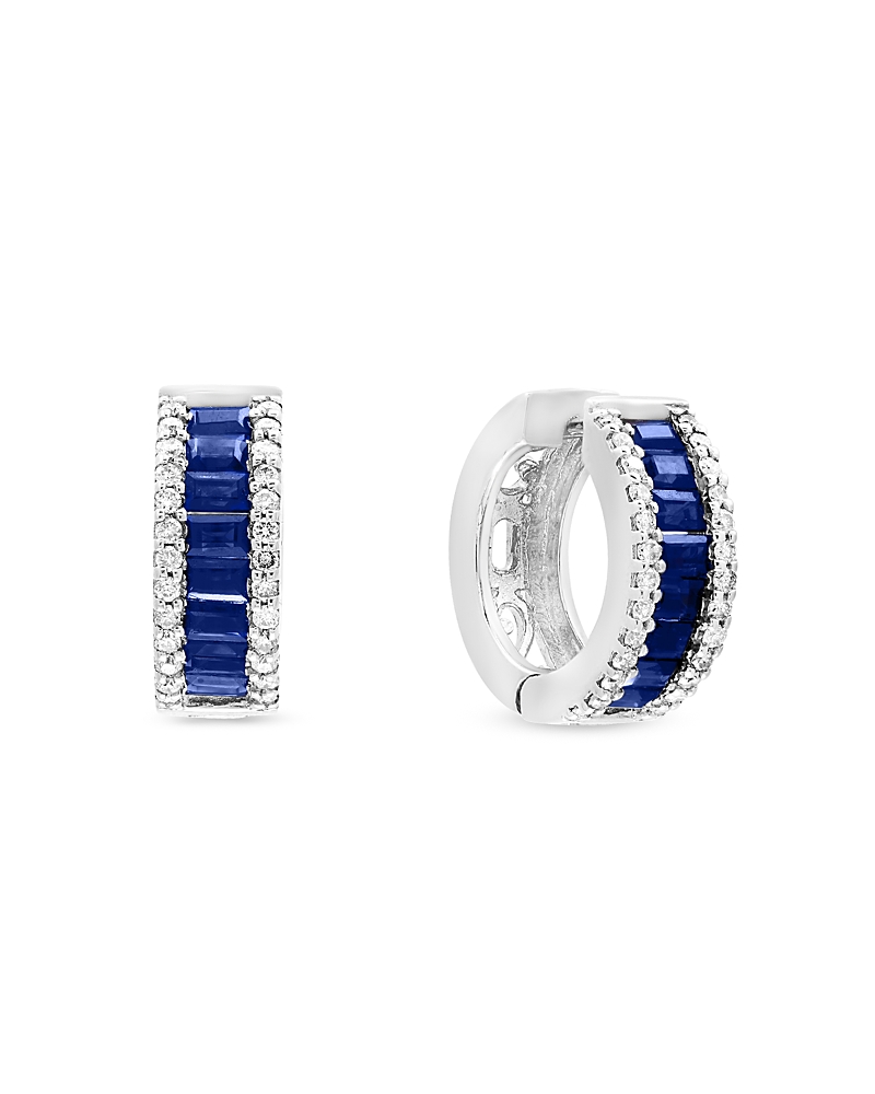 Blue Sapphire and Diamond Hoop Earrings in 14K White Gold