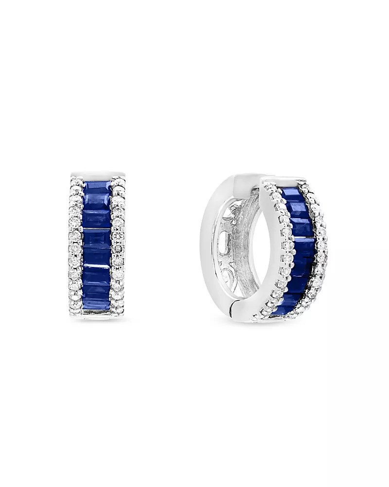 Blue Sapphire and Diamond Hoop Earrings in 14K White Gold