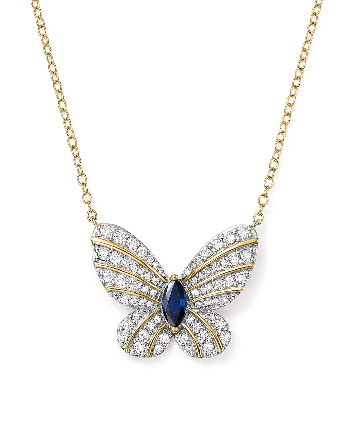 Bloomingdale's Diamond And Blue Sapphire Butterfly Pendant Necklace In 14k Yellow Gold, 17 - 100% Exclusive In Multi/gold