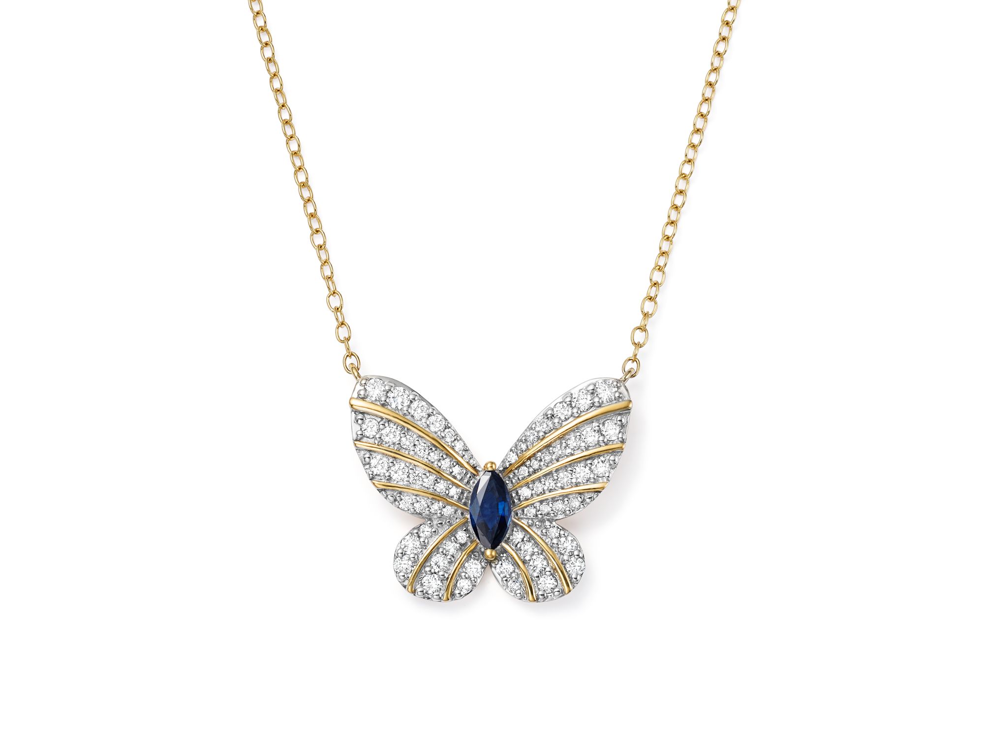 Diamond and Blue Sapphire Butterfly Pendant Necklace in 14K Yellow Gold, 17" - Image 1