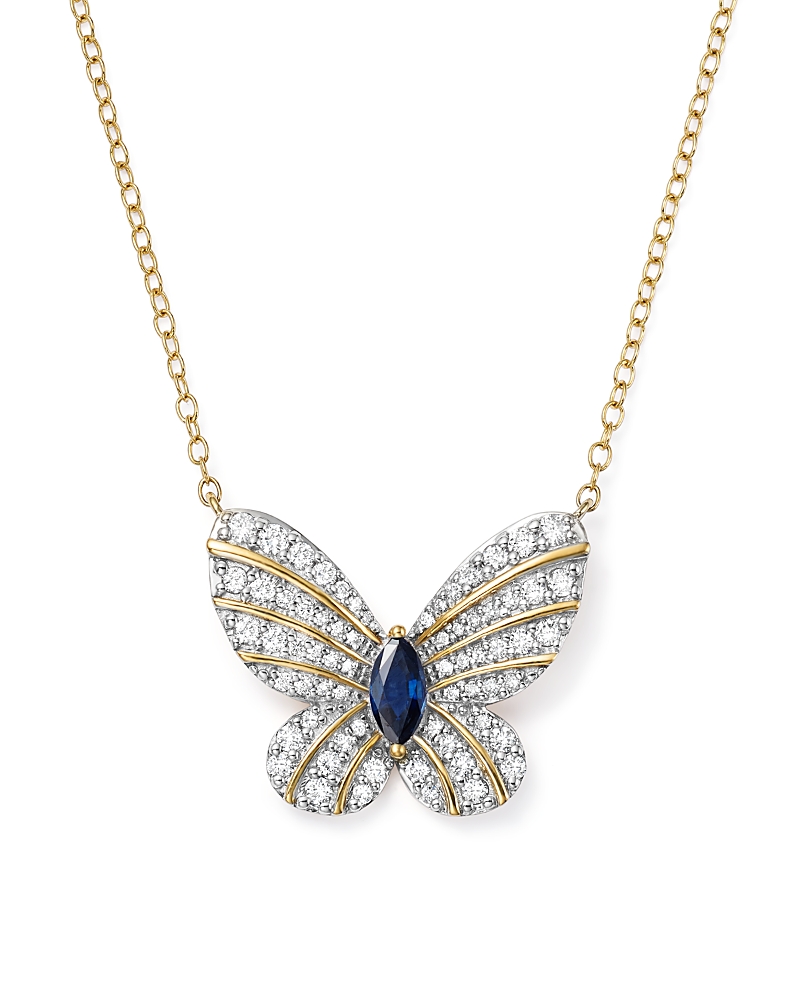 Diamond and Blue Sapphire Butterfly Pendant Necklace in 14K Yellow Gold, 17